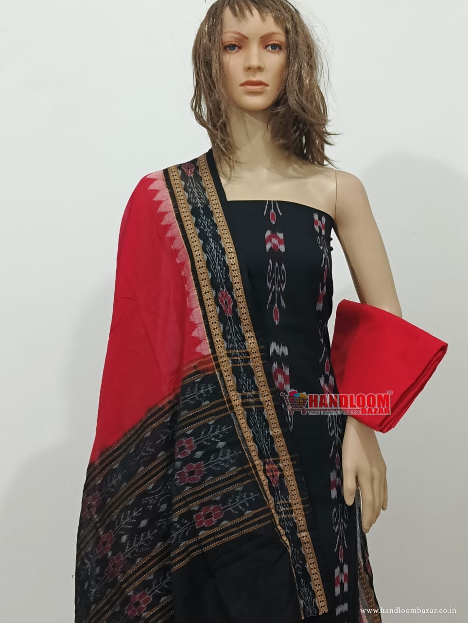 Sambalpuri Black Dress Material with Red Dupatta H-10034