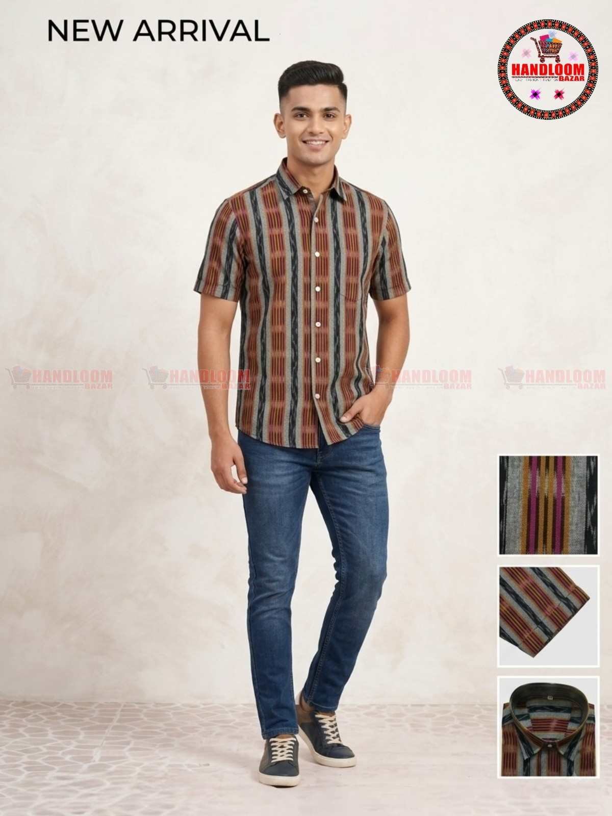 Sambalpuri Premium Cotton Ikat Half-Sleeve Shirt Gray Colour H-10049