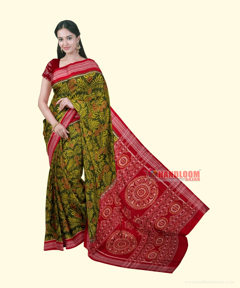 Olive Sambalpuri Handwoven Single Ikat Cotton Saree SFCSAR2263