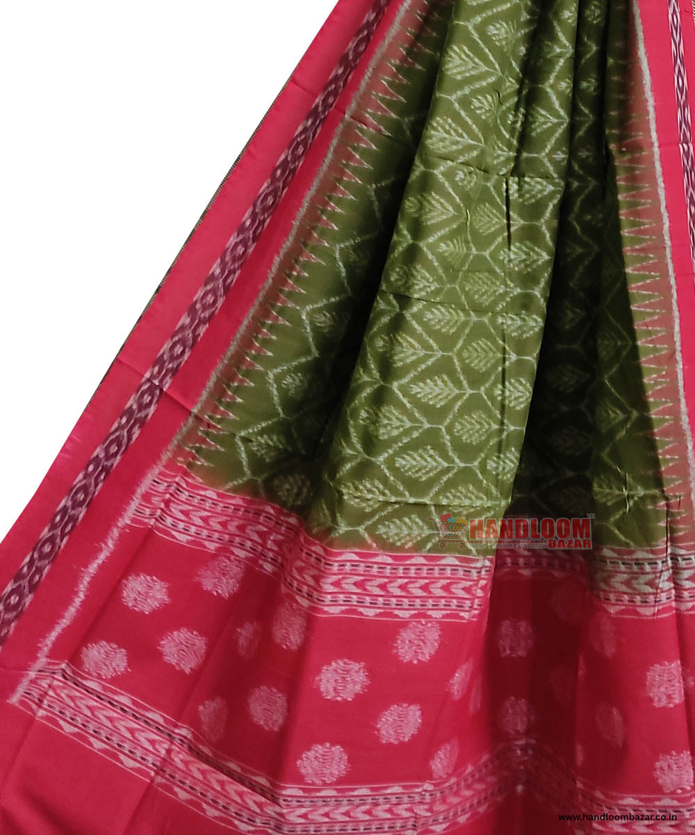 Olivegreen Red Sambalpuri Handwoven Single Ikat Cotton Dupatta SFCDUP0069
