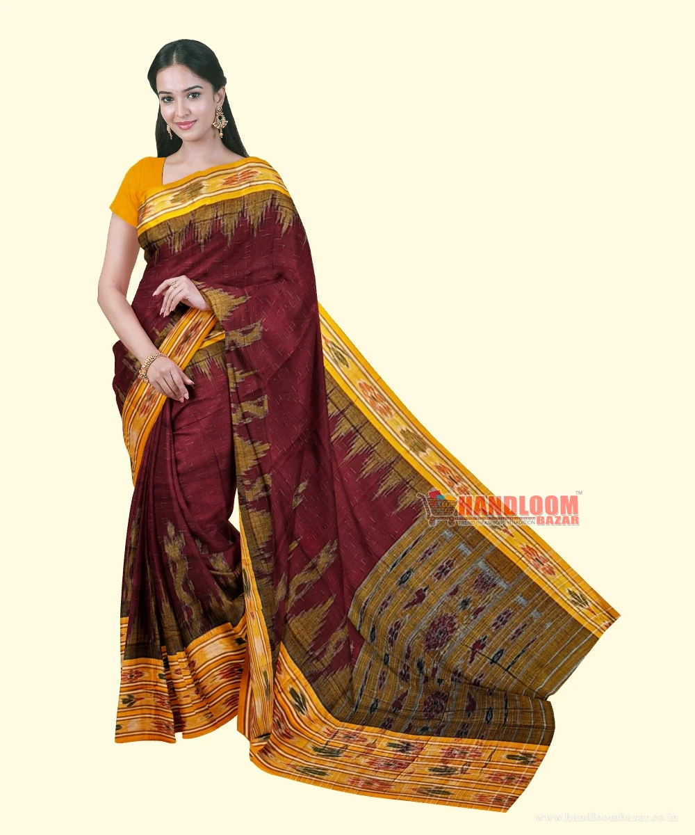 Maroon Yellow Sambalpuri Handwoven Single Ikat Cotton Saree SFCSAR2233
