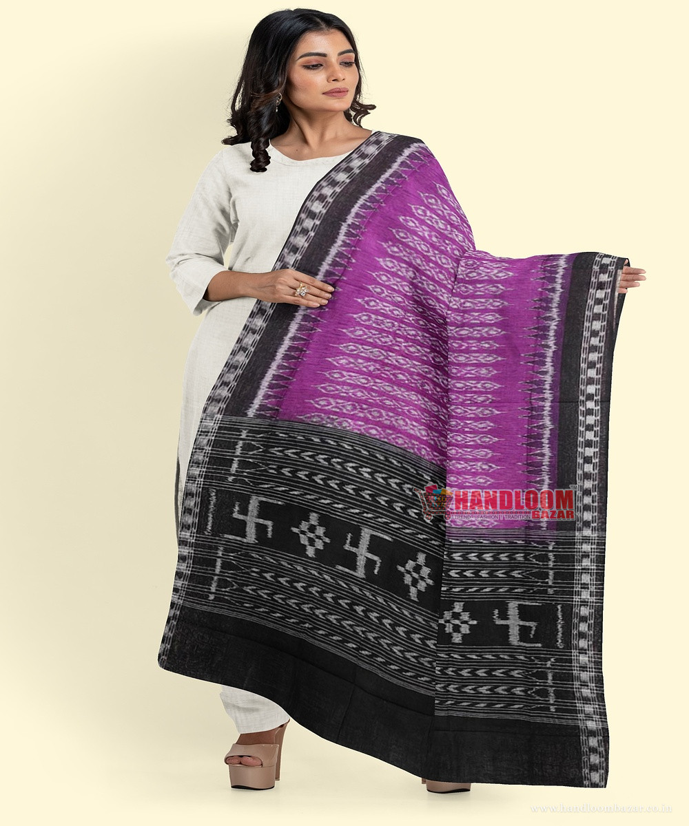 Purple Black Sambalpuri Handwoven Single Ikat Cotton Dupatta SFCDUP197A