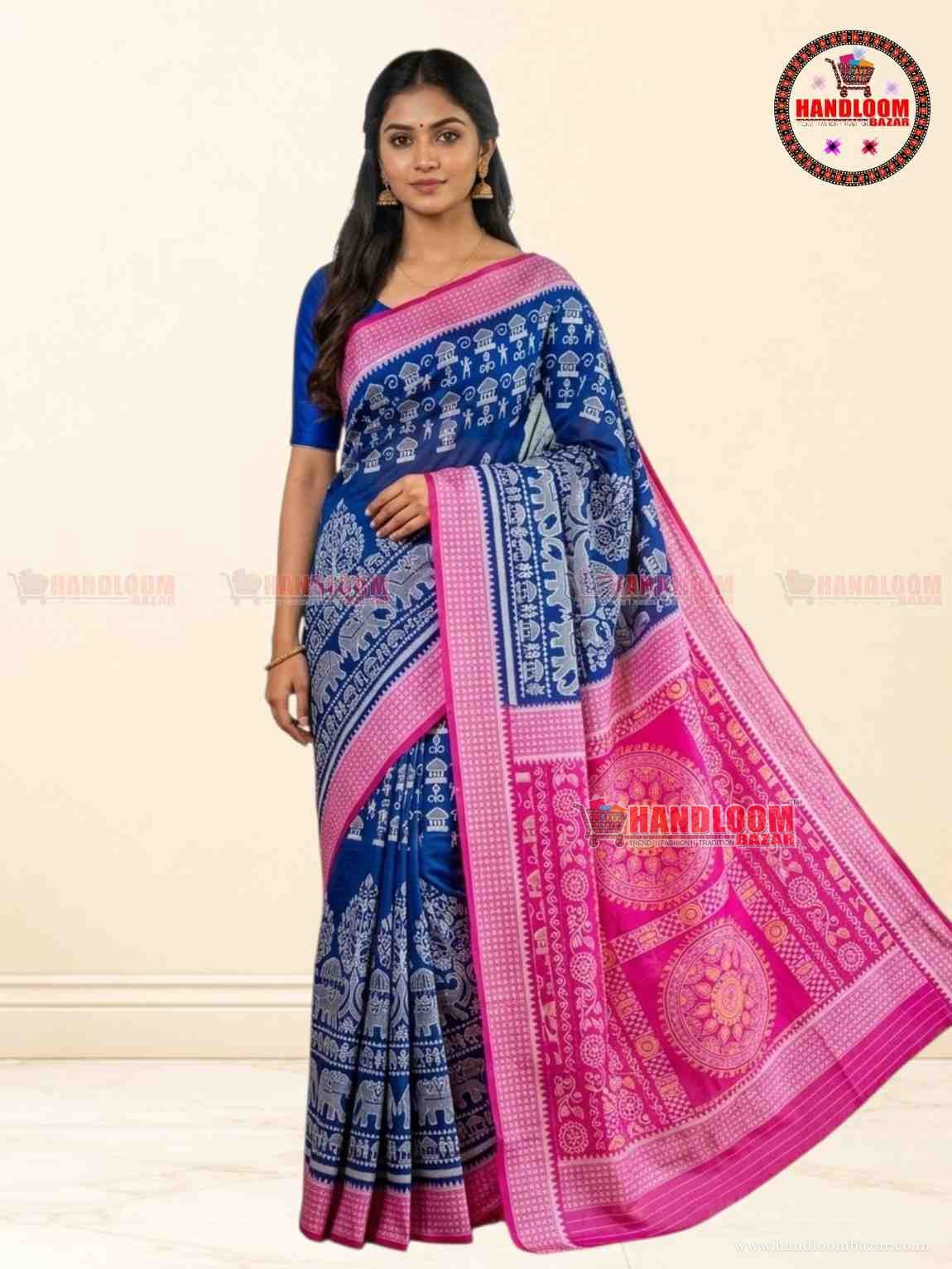 ELEGANT SAMBALPURI SILK SAREE Blue colour & pink Border H-10725