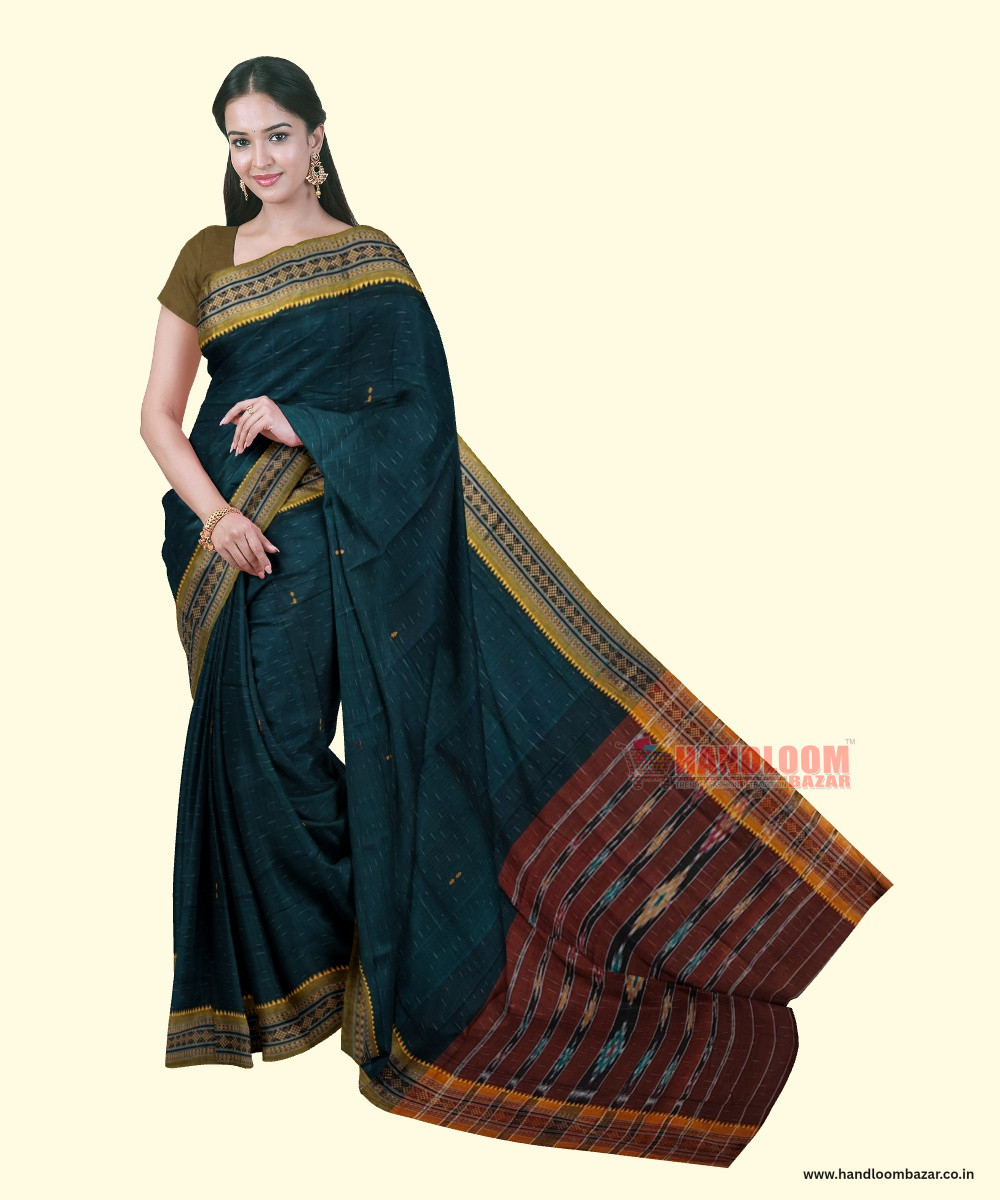 Green Yellow Sambalpuri Handwoven Single Ikat Cotton Saree SFCSAR2200