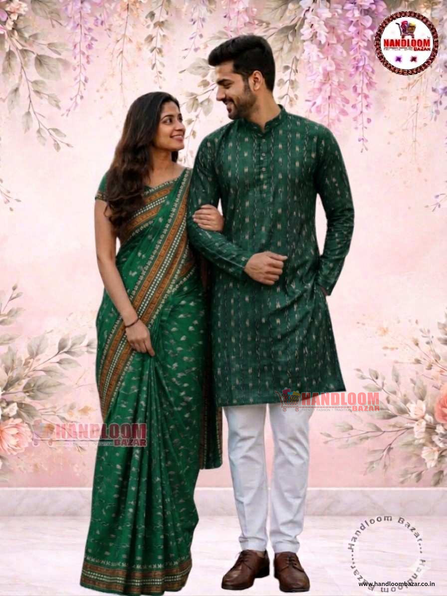 Sambalpuri Handloom matching Couple Dress saree with stitching Dhila green colour H10054