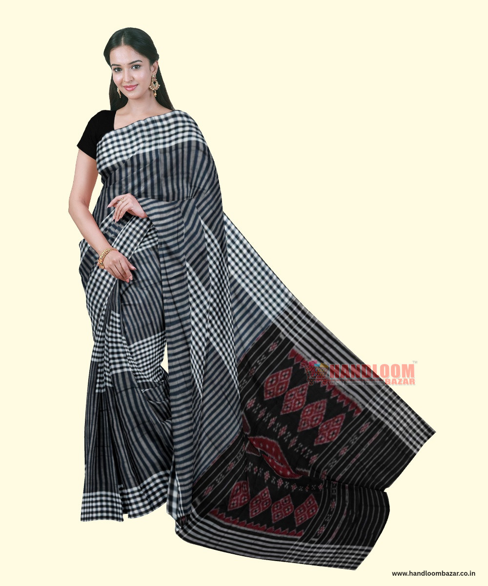 Gray Black Sambalpuri Handwoven Single Ikat Cotton Saree SFCSAR2202