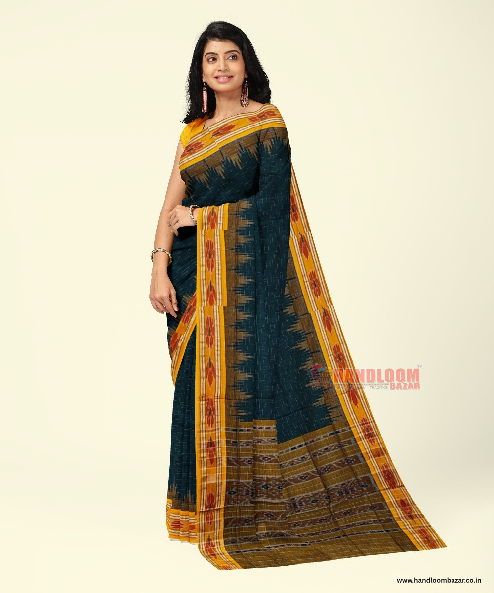 Green Yellow Sambalpuri Handwoven Single Ikat Cotton Saree SFCSAR2219