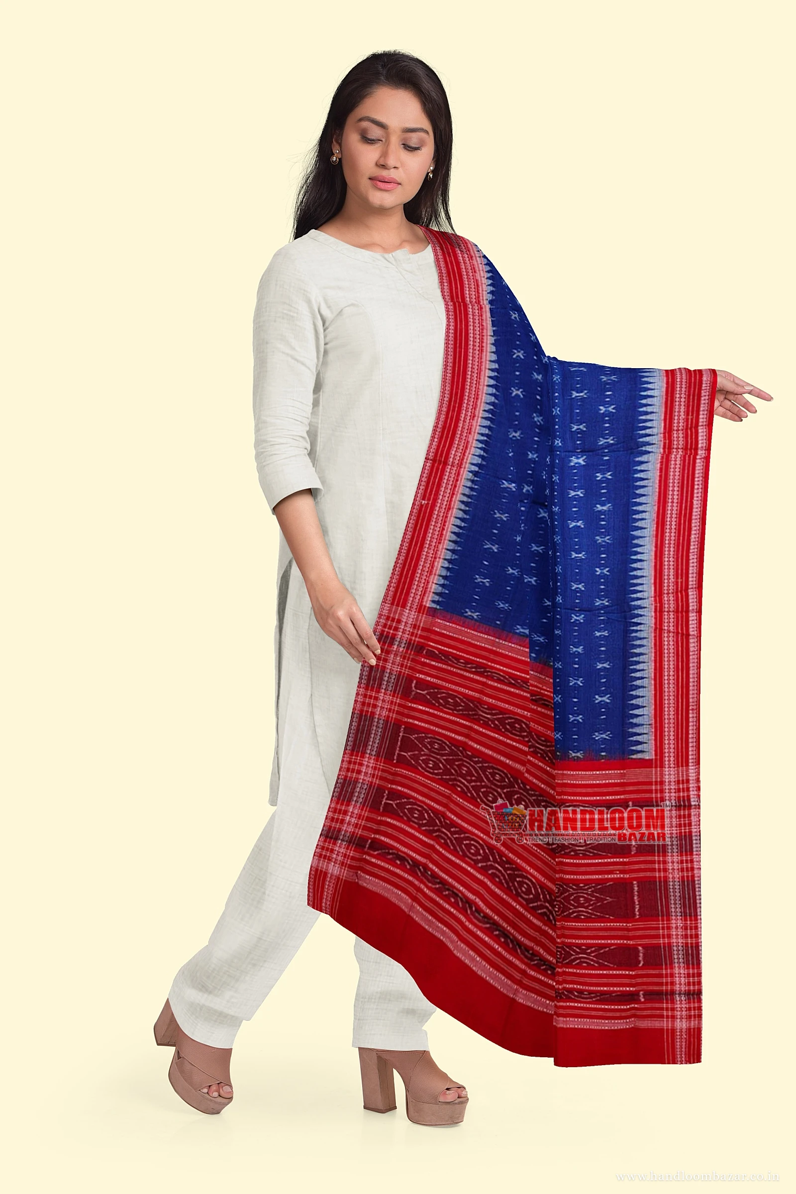 Blue Red Sambalpuri Handwoven Single Ikat Cotton Dupatta SFCDUP190A