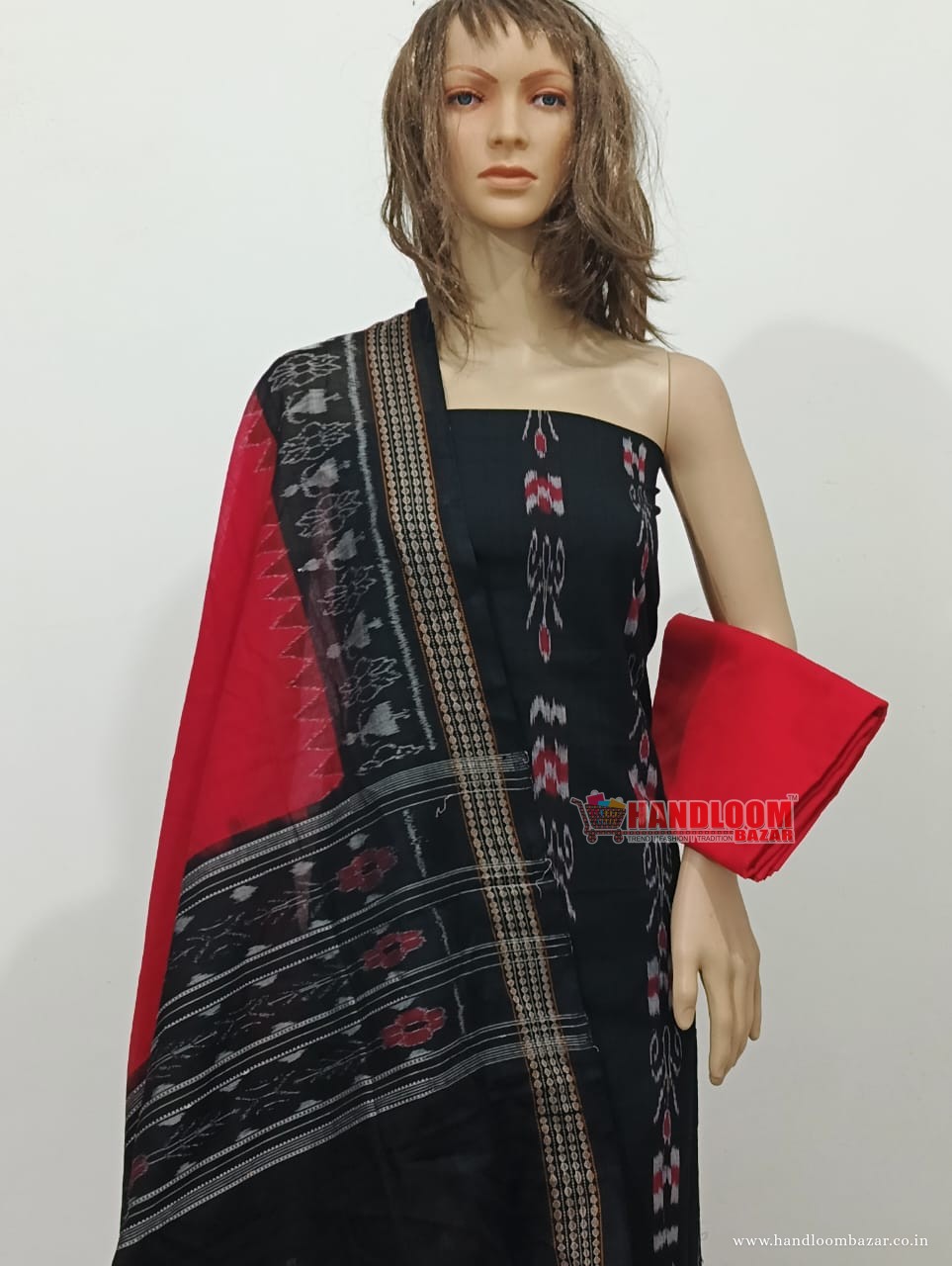 Sambalpuri black dress material Red dupatta  H-10037