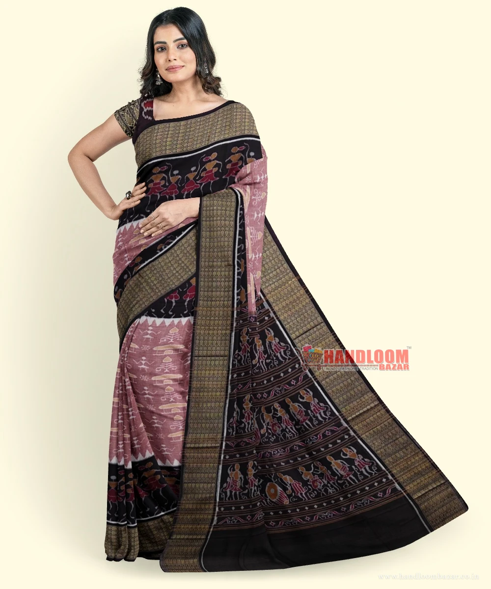 Pink Coffee Sambalpuri Handwoven Single Ikat Cotton Saree SFCSAR2264