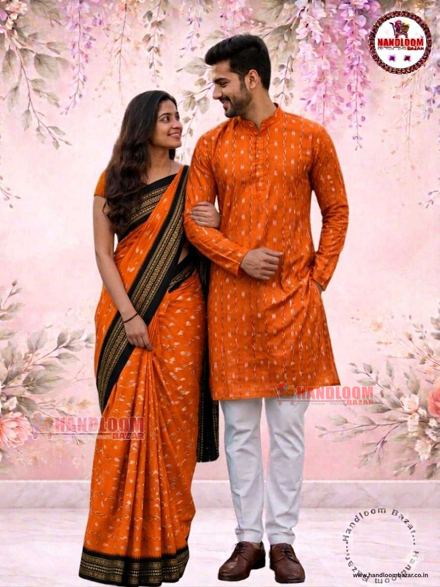 Sambalpuri Handloom matching Couple Dress saree with stitching Dhila orenge colour H10056