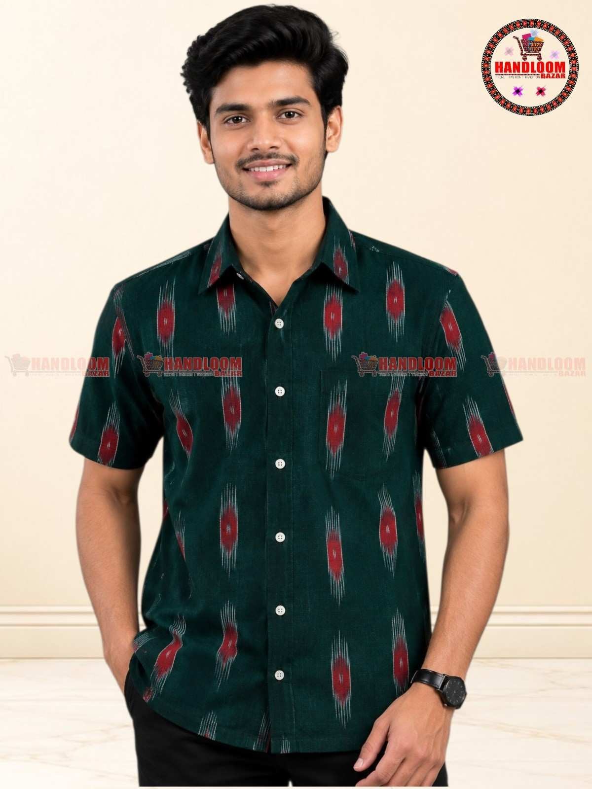 Sambalpuri Premium Cotton Ikat Half-Sleeve Shirt Green Colour H-10047