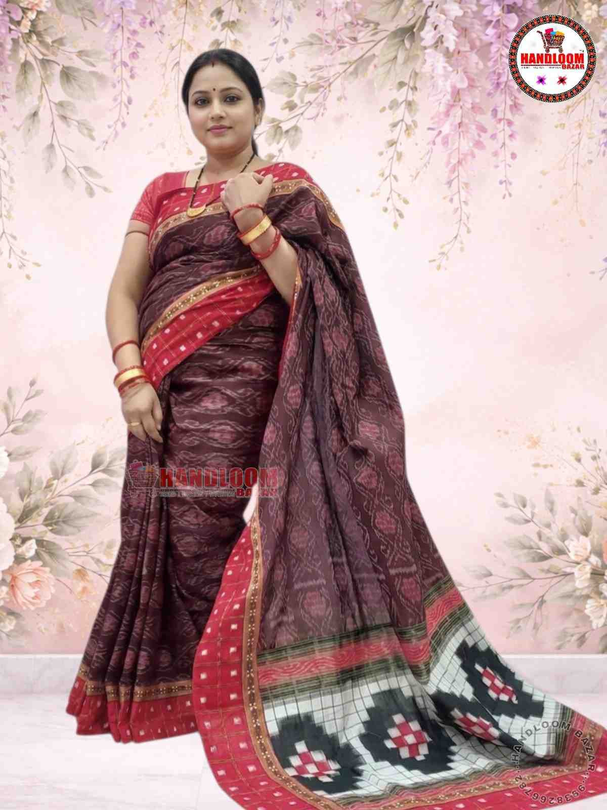 Sambalpuri patchwork saree maroon colour with blause pic