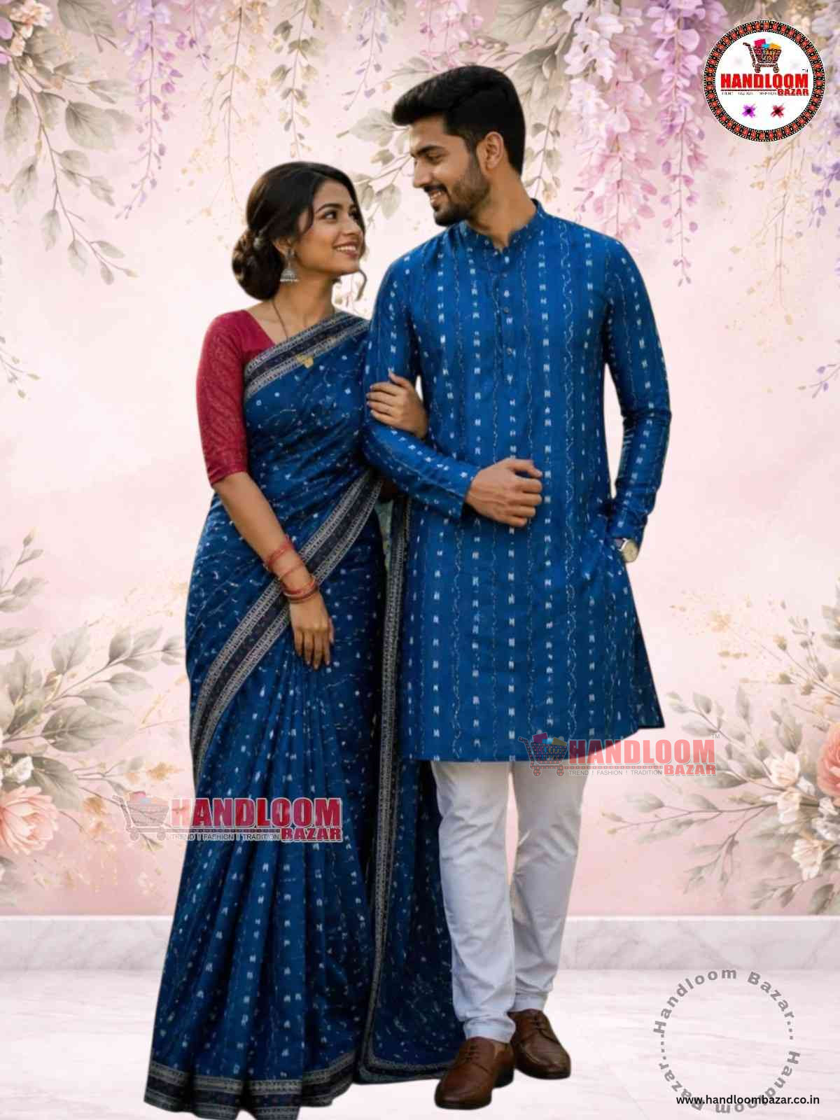 Sambalpuri Handloom matching Couple Dress saree with stitching Dhila blue colour H10052