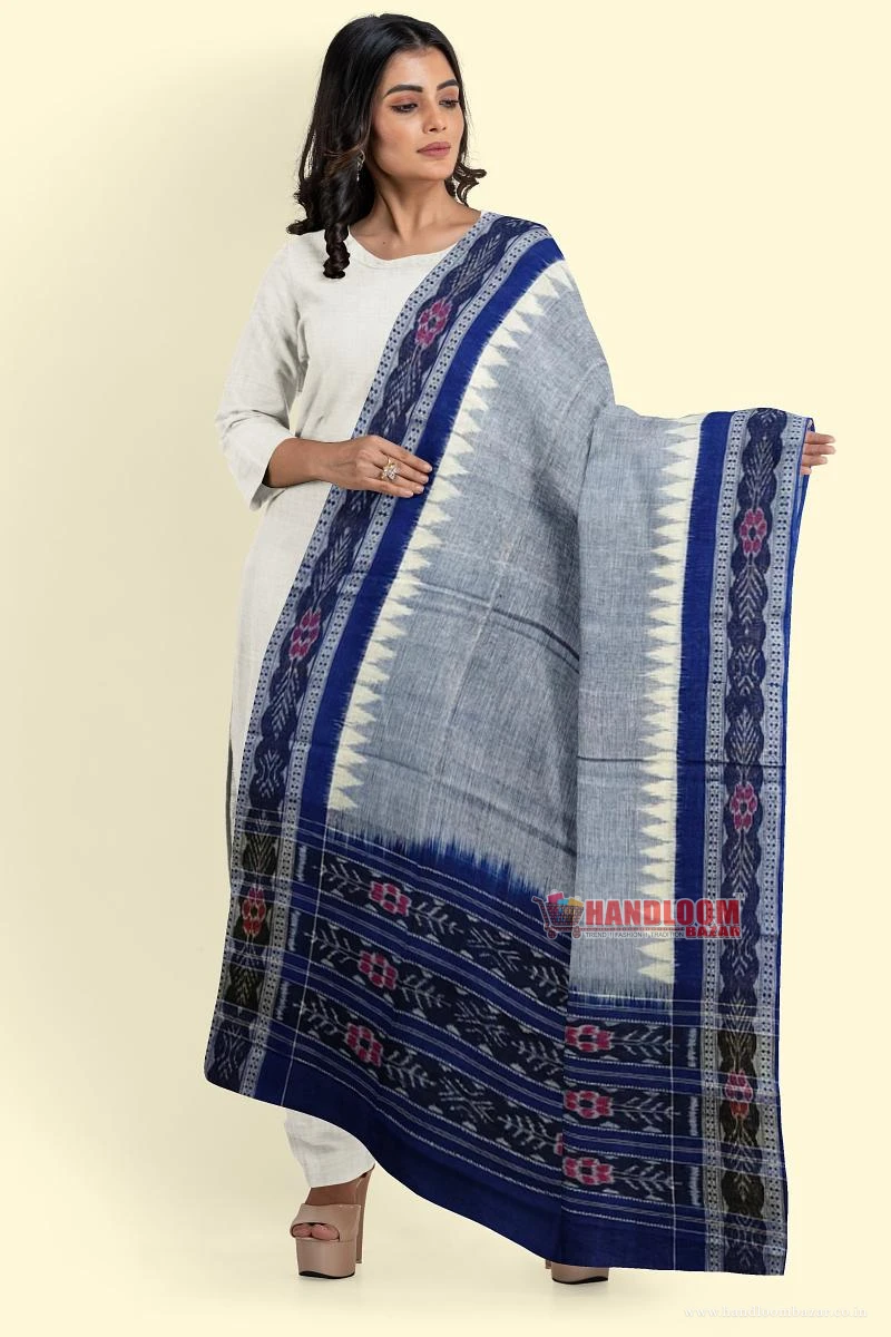 Gray Blue Sambalpuri Handwoven Single Ikat Cotton Dupatta SFCDUP167A