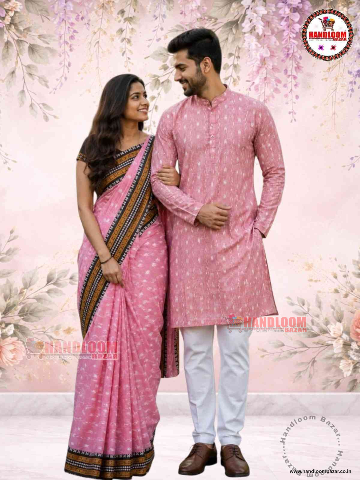 Sambalpuri Handloom matching Couple Dress saree with stitching Dhila pink colour H10055