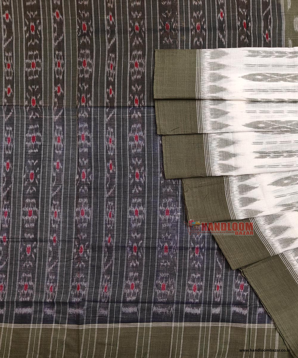 Olive White Sambalpuri Handwoven Single Ikat Cotton Saree SFCSAR1789