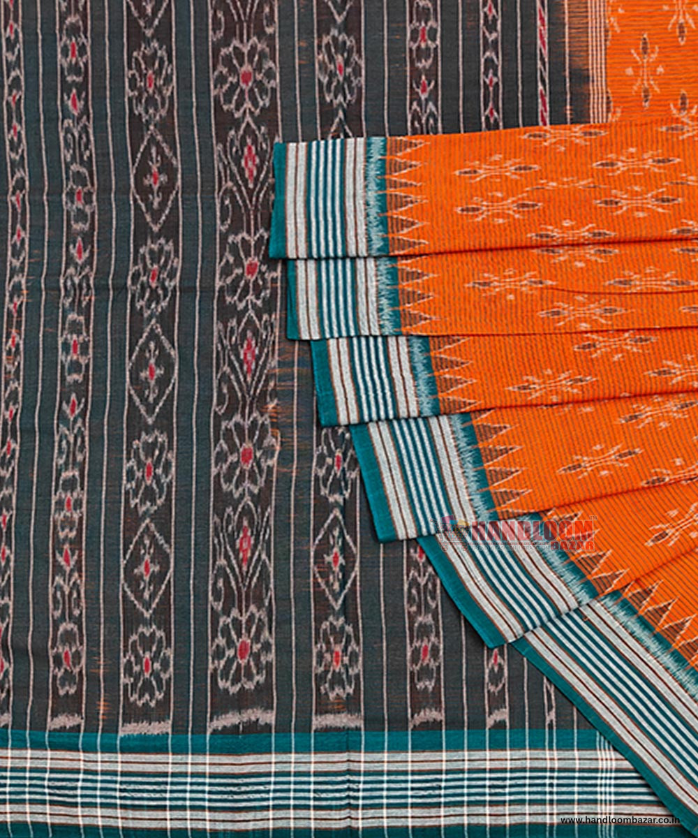 Orange Black Sambalpuri Handwoven Single Ikat Cotton Saree SFCSAR1492