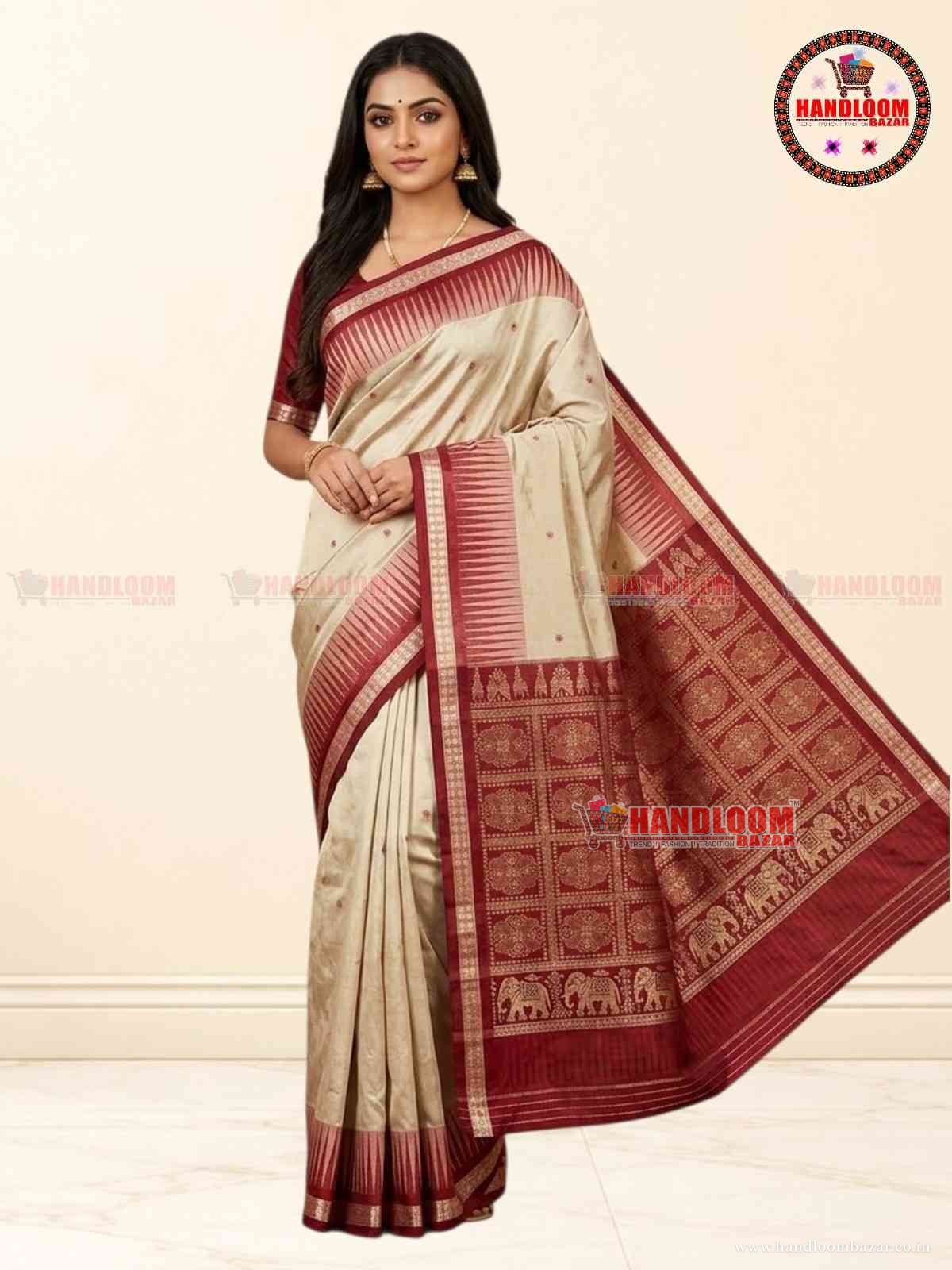 Sambalpuri Silk Pata Saree creem with merun Border  H-10732