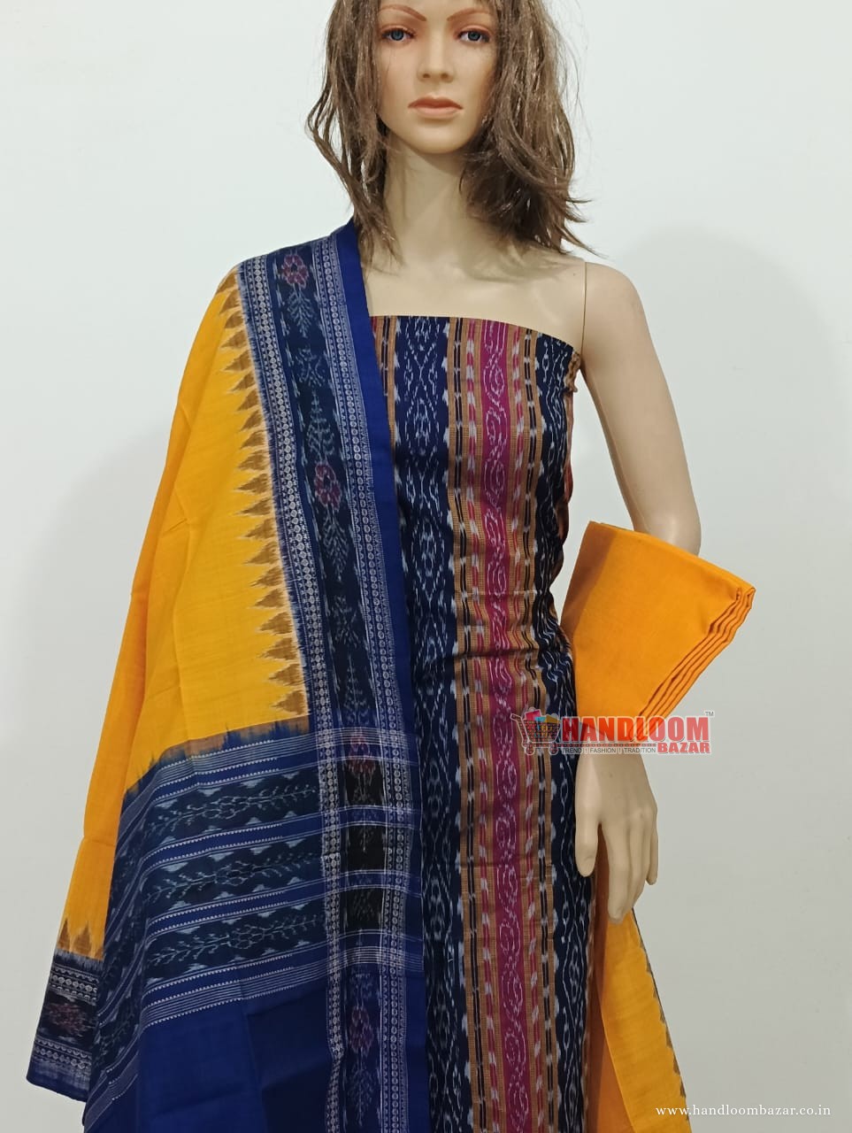Sambalpuri  blur dress material with yellow dupatta H-10036