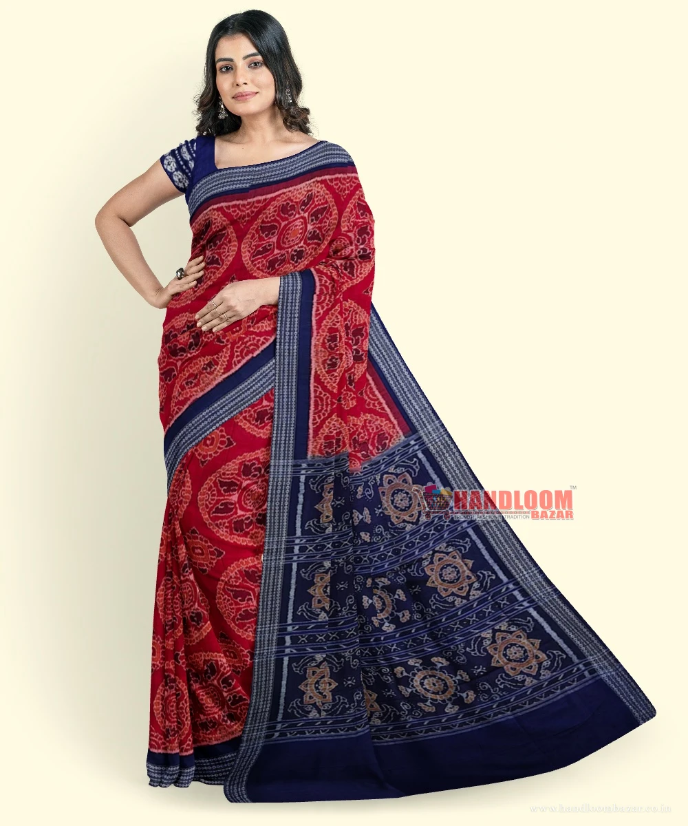 Red Blue Sambalpuri Handwoven Single Ikat Cotton Saree SFCSAR2258