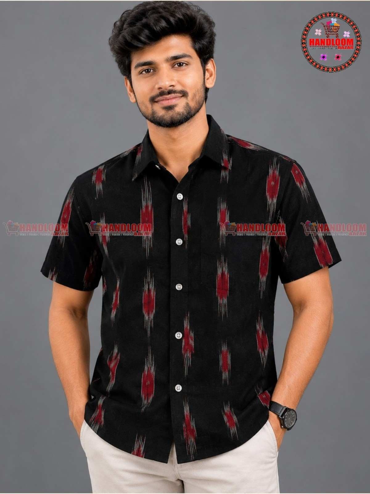 Sambalpuri Premium Cotton Ikat Half-Sleeve Shirt black Colour H-10048