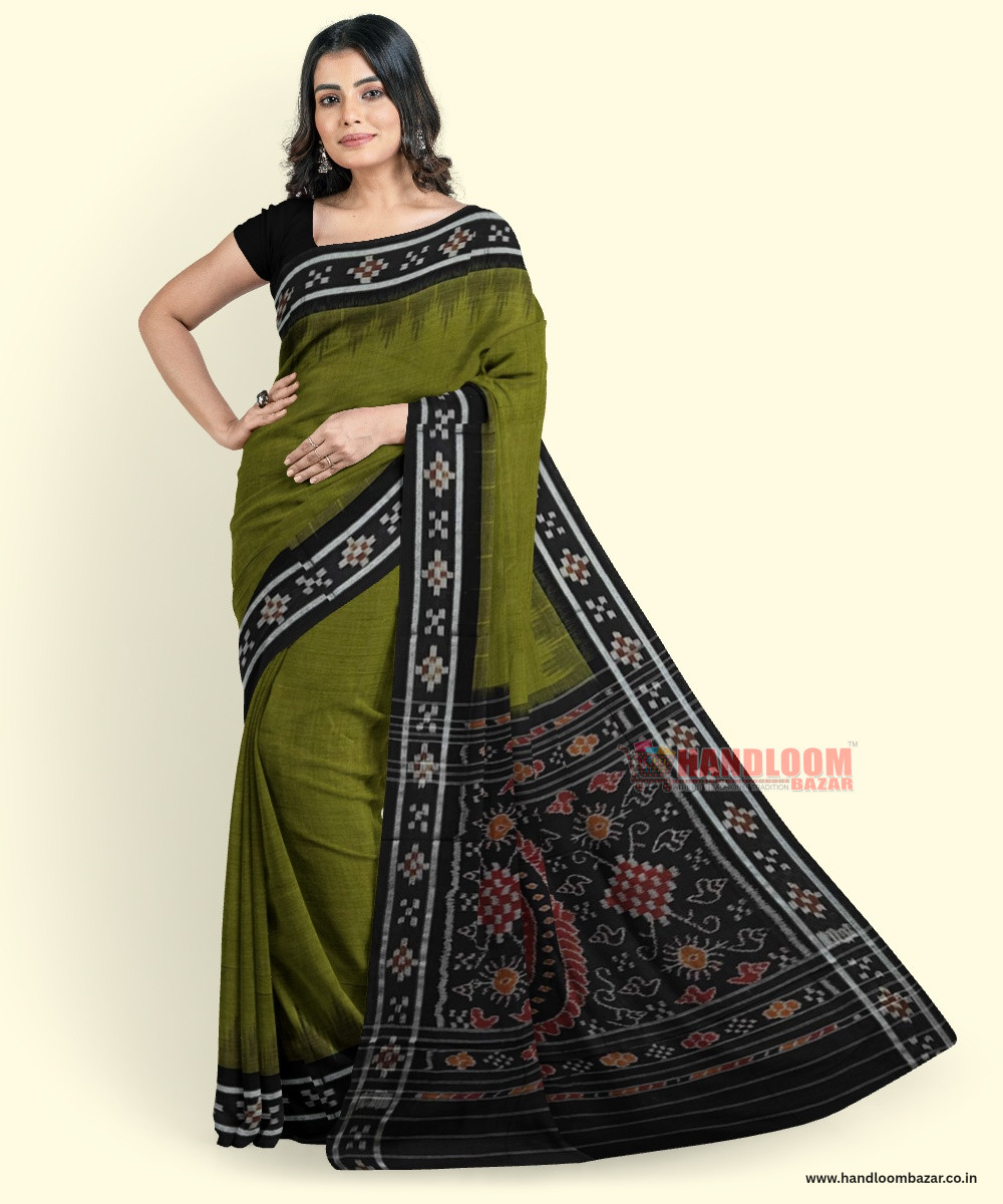 Olive Black Sambalpuri Handwoven Single Ikat Cotton Saree SFCSAR2214