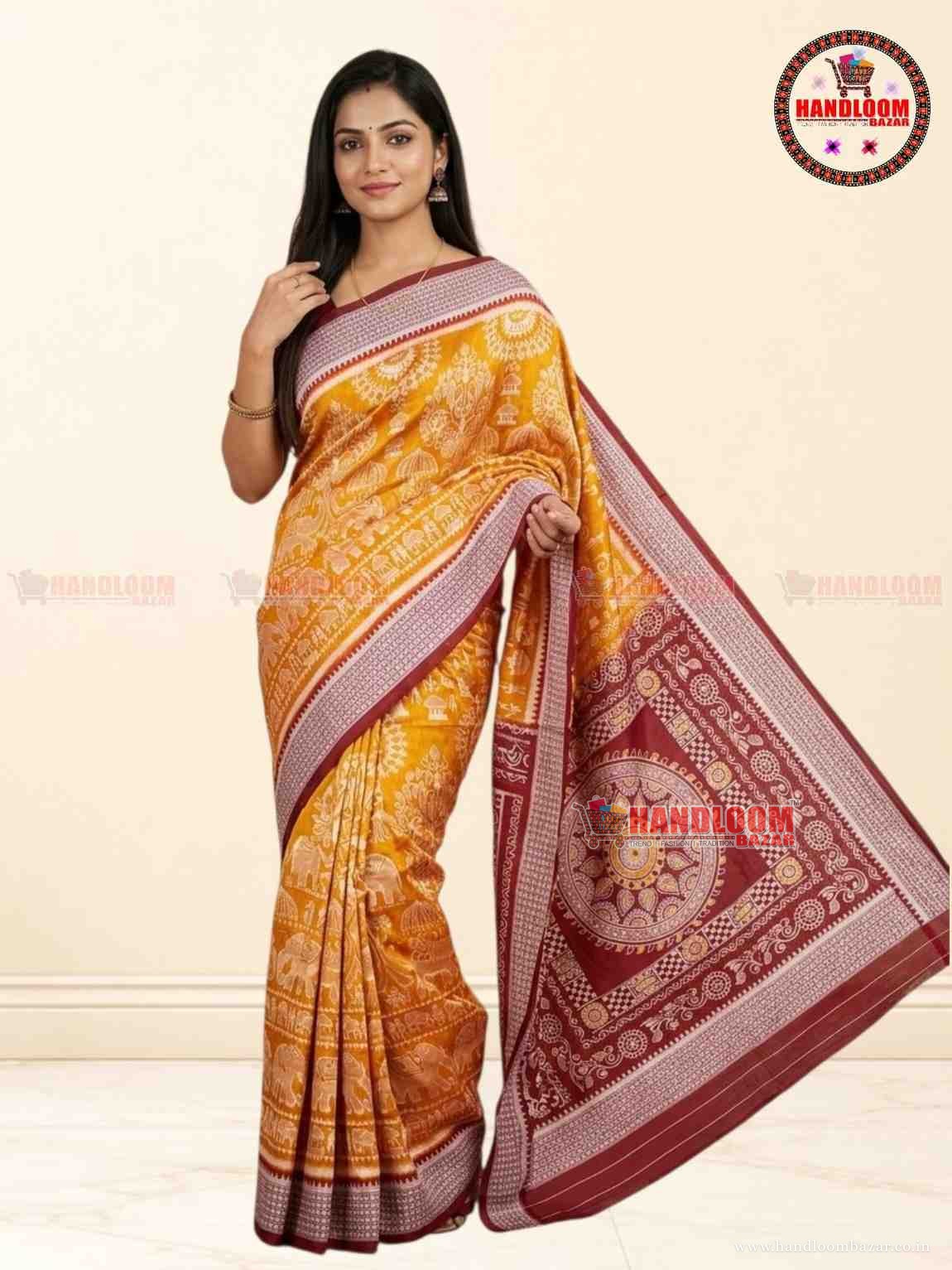 ELEGANT SAMBALPURI SILK SAREE yellow colour & Merun Border H-10722