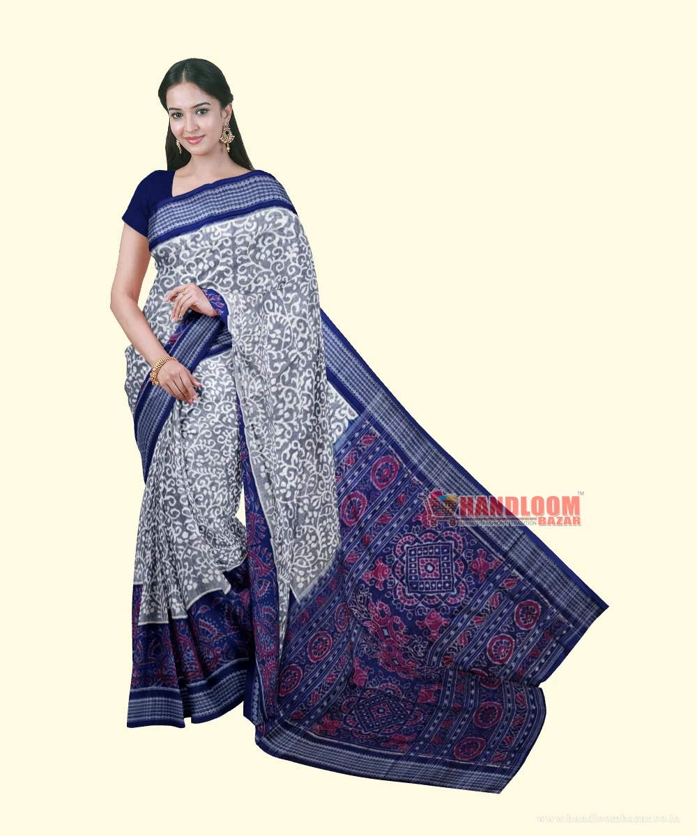 Gray Blue Sambalpuri Handwoven Single Ikat Cotton Saree SFCSAR2253