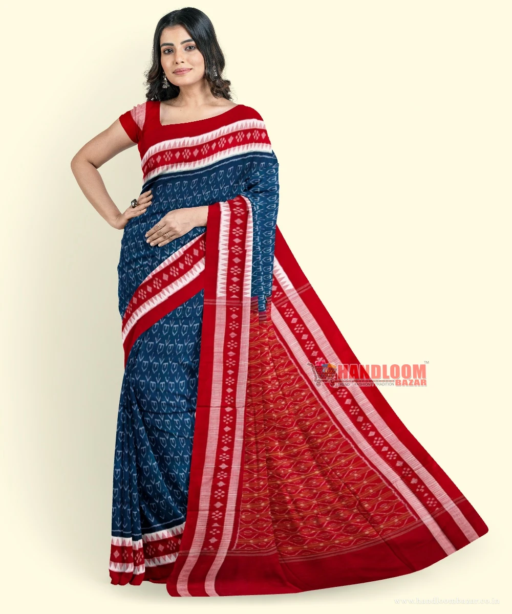 Green Red Sambalpuri Handwoven Single Ikat Cotton Saree SFCSAR2254