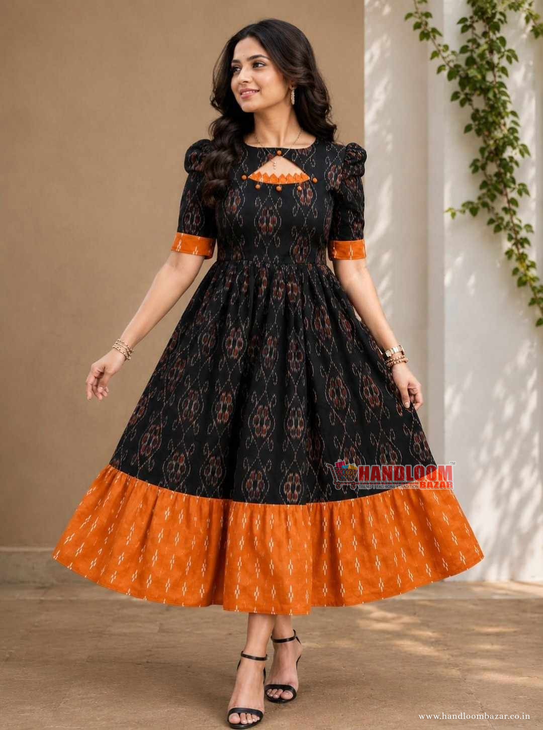 Sambalpuri Handloom Cotton Round Kurti Black Colour H112252