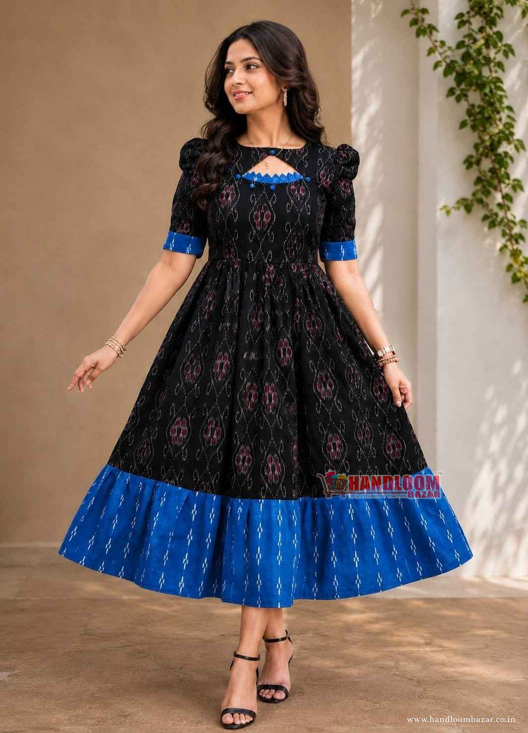 Sambalpuri Handloom Cotton Round Kurti Black and blue Colour H112254