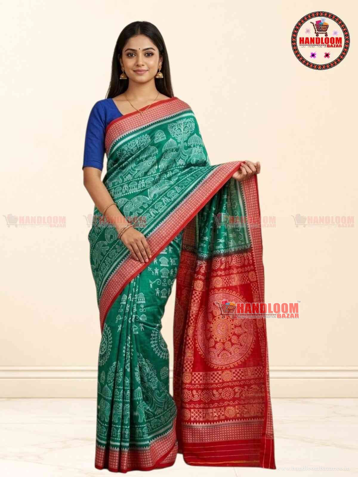 ELEGANT SAMBALPURI SILK SAREE Green colour & Merun Border H-10723