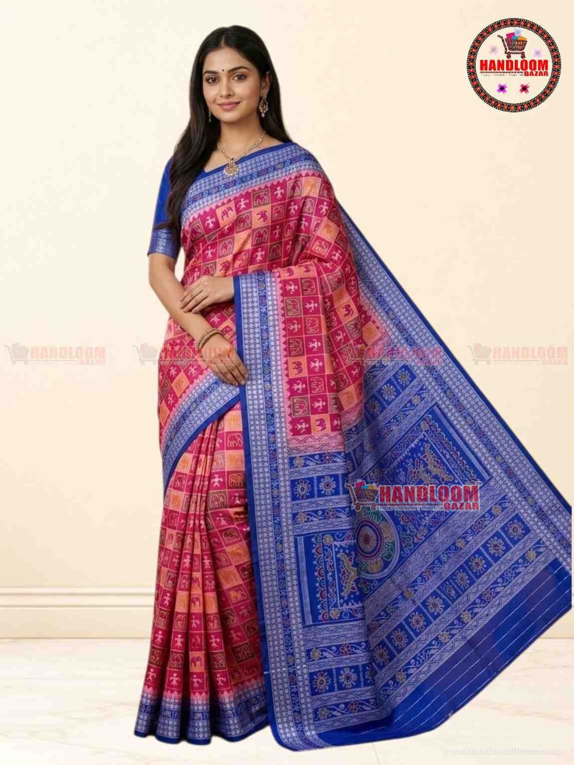 ELEGANT SAMBALPURI SILK SAREE Red colour & Blue Border H-10726