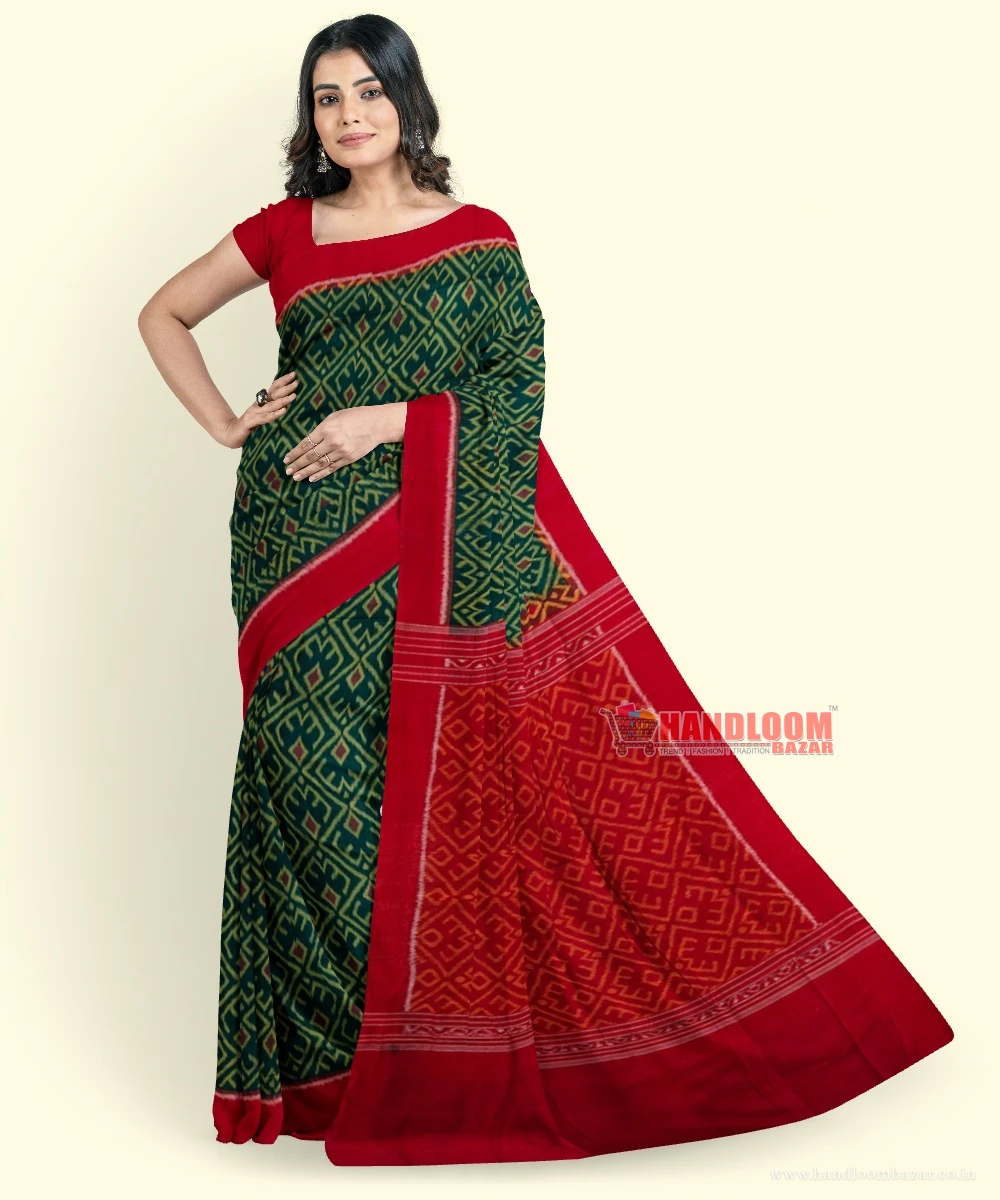 Green Red Sambalpuri Handwoven Single Ikat Cotton Saree SFCSAR2256