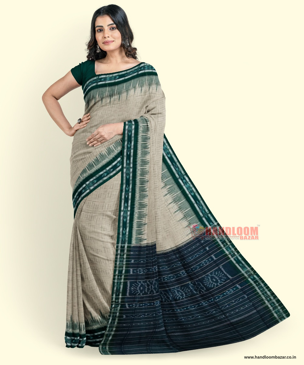 Offwhite Green Sambalpuri Handwoven Single Ikat Cotton Saree SFCSAR2216